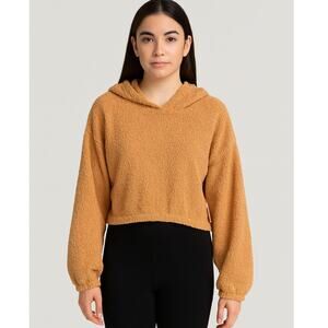 NWOT Flirtitude Juniors Tan Sherpa Fuzzy Cropped Hoodie Sweatshirt Size Large